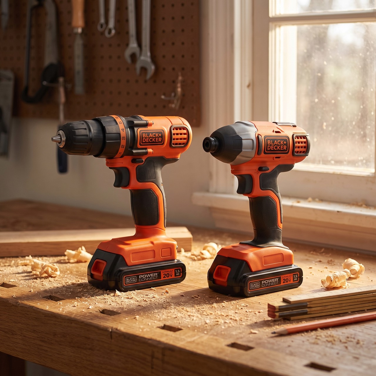 Both tools resting on an oak workbench in warm window light, shown close up with the background thrown out of focus.