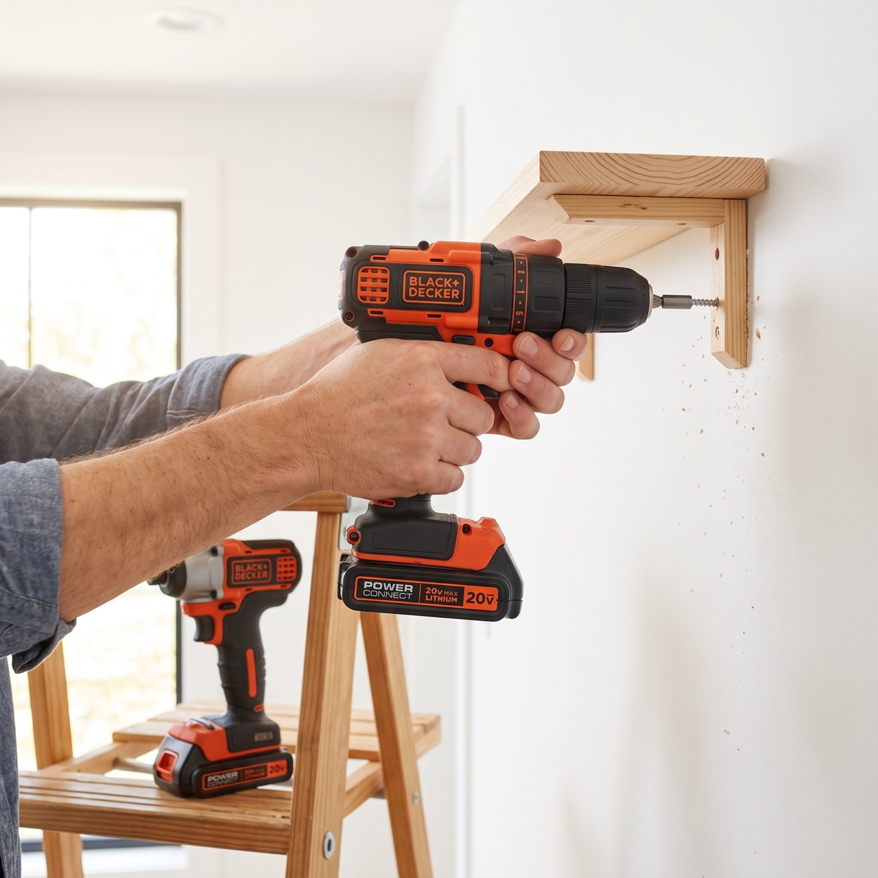 Someone using the drill/driver at shoulder height to drive a screw through a timber shelf bracket into a wall, with the impact driver resting on a step ladder below.